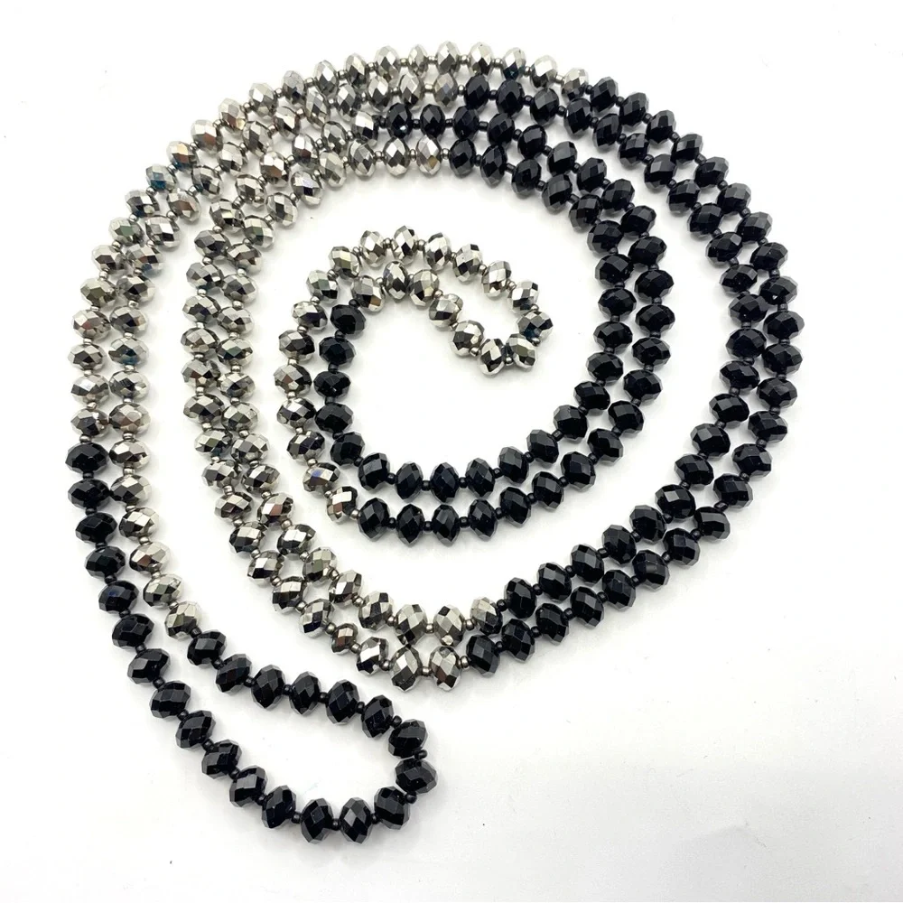 Glass Beads Necklace Faceted Black & Hematite Colored Beads Long Over-The-Head